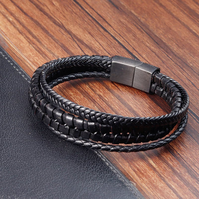 Bracelet Foviel à motif tressé simple en acier titane, cuir multicouche renforcé et boucle