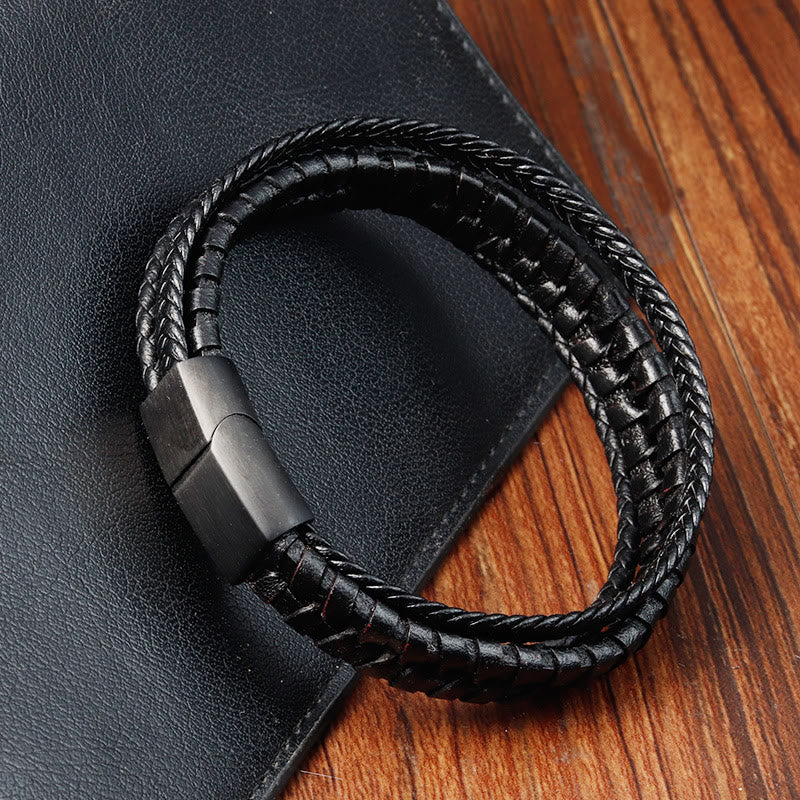 Bracelet Foviel à motif tressé simple en acier titane, cuir multicouche renforcé et boucle