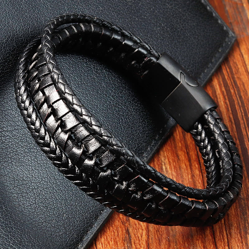 Bracelet Foviel à motif tressé simple en acier titane, cuir multicouche renforcé et boucle