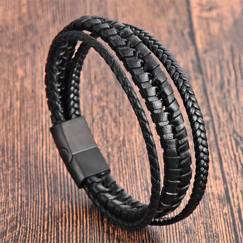 Bracelet Foviel à motif tressé simple en acier titane, cuir multicouche renforcé et boucle