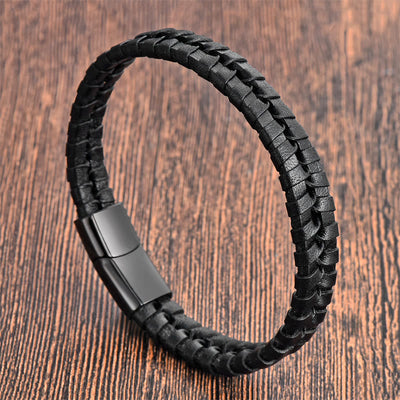Bracelet Foviel à motif tressé simple en acier titane, cuir multicouche renforcé et boucle