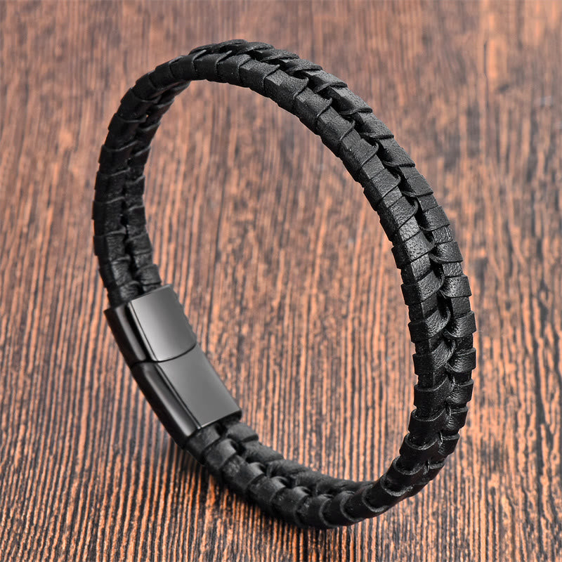 Bracelet Foviel à motif tressé simple en acier titane, cuir multicouche renforcé et boucle