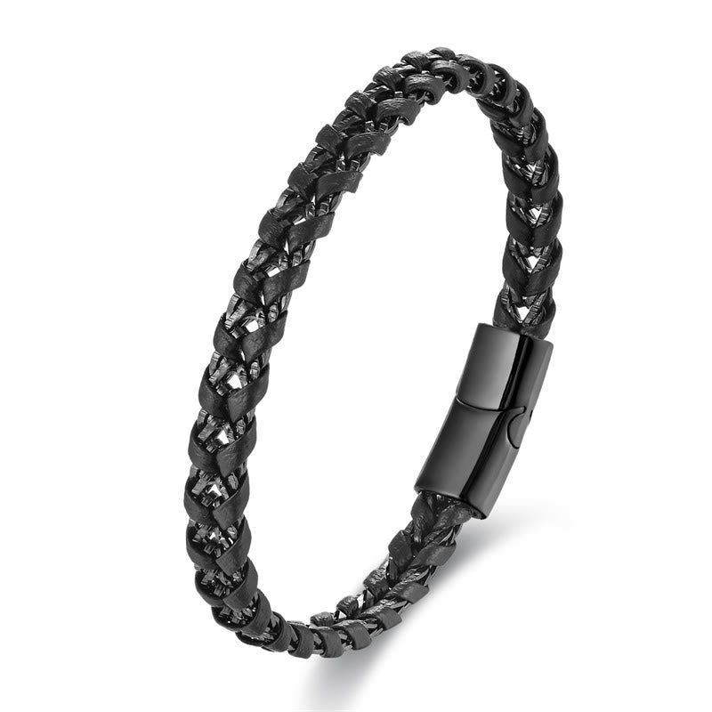 Bracelet multicouche en cuir et acier titane au design tressé Foviel avec boucle