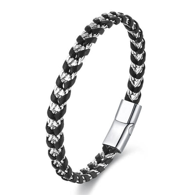Bracelet multicouche en cuir et acier titane au design tressé Foviel avec boucle