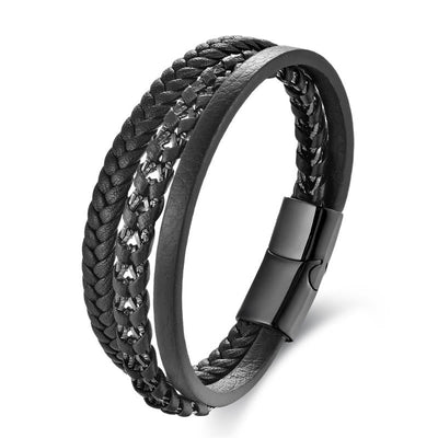Bracelet multicouche en cuir et acier titane au design tressé Foviel avec boucle