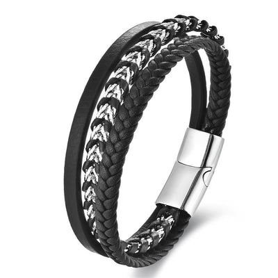 Bracelet multicouche en cuir et acier titane au design tressé Foviel avec boucle