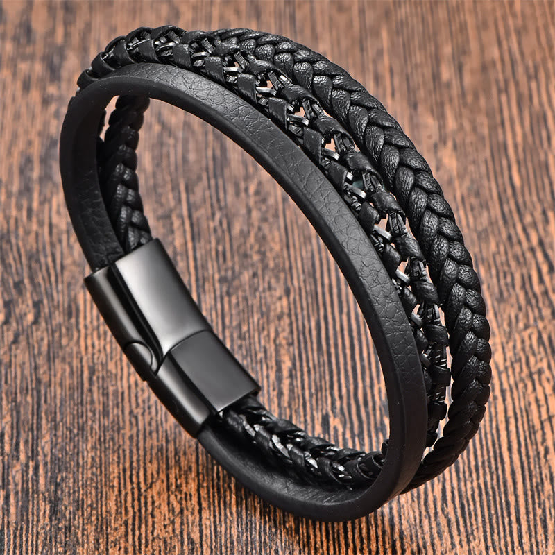 Foviel Braided Design Titanium Steel Calm Multi-layer Leather Buckle Bracelet