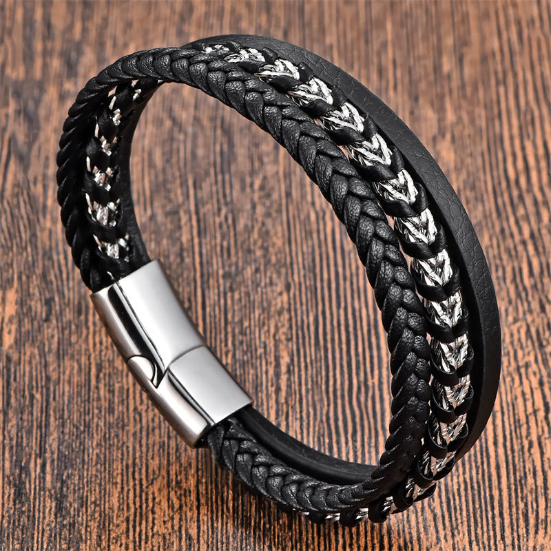 Foviel Braided Design Titanium Steel Calm Multi-layer Leather Buckle Bracelet