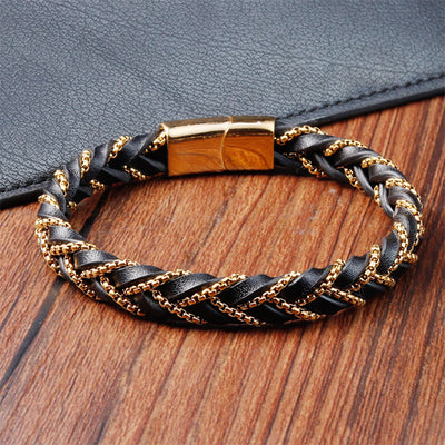 Foviel Simple Design Titanium Steel Calm Braided Leather Buckle Bracelet