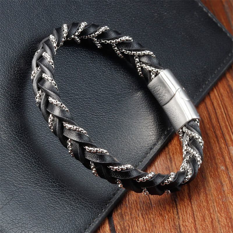 Foviel Simple Design Titanium Steel Calm Braided Leather Buckle Bracelet