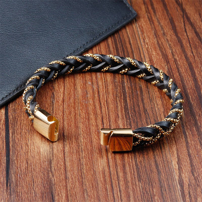 Foviel Simple Design Titanium Steel Calm Braided Leather Buckle Bracelet
