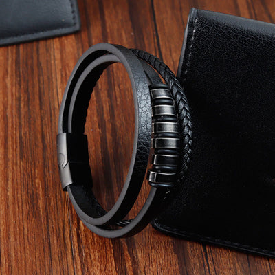 Foviel Simple Titanium Steel Braided Three-layer Leather Buckle Calm Bracelet