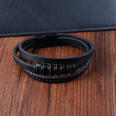 Foviel Simple Titanium Steel Braided Three-layer Leather Buckle Calm Bracelet