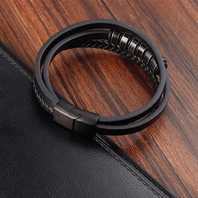 Foviel Simple Titanium Steel Braided Three-layer Leather Buckle Calm Bracelet