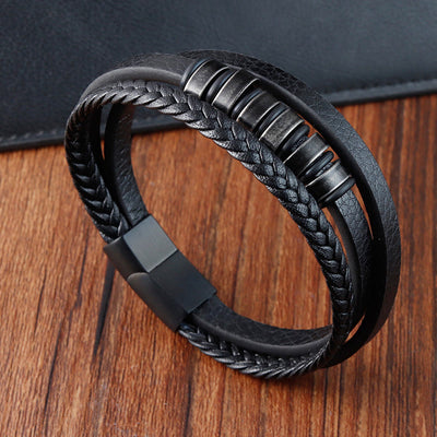 Foviel Simple Titanium Steel Braided Three-layer Leather Buckle Calm Bracelet