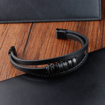 Foviel Simple Titanium Steel Braided Three-layer Leather Buckle Calm Bracelet