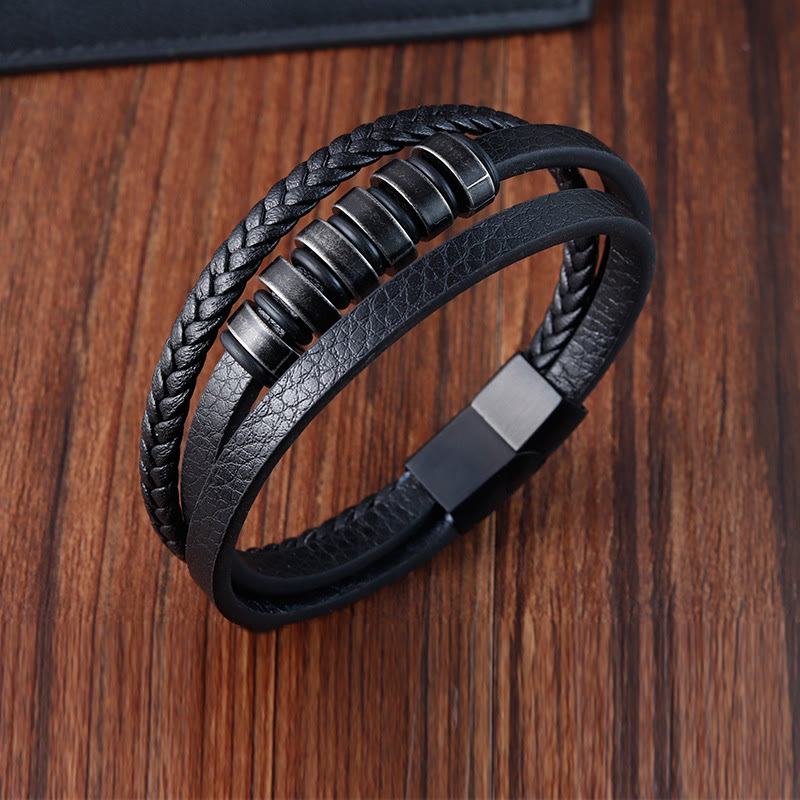 Foviel Simple Titanium Steel Braided Three-layer Leather Buckle Calm Bracelet