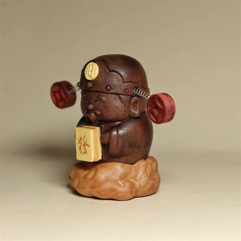 Foviel God Of Wealth Caishen Black Walnut Beech Statue Fu Character Copper Coins Home Decoration