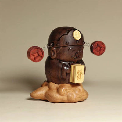 Foviel Gott des Reichtums Caishen Schwarz Walnut Buche Statue Fu Charakter Kupfer Münzen Wohndekoration