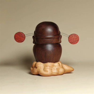 Foviel Gott des Reichtums Caishen Schwarz Walnut Buche Statue Fu Charakter Kupfer Münzen Wohndekoration