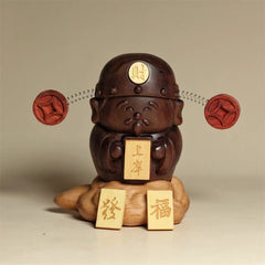 Foviel Gott des Reichtums Caishen Schwarz Walnut Buche Statue Fu Charakter Kupfer Münzen Wohndekoration