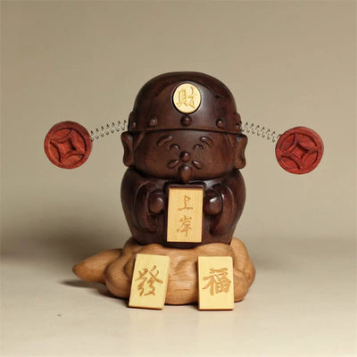Foviel Gott des Reichtums Caishen Schwarz Walnut Buche Statue Fu Charakter Kupfer Münzen Wohndekoration