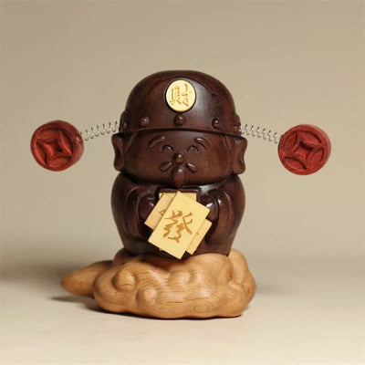 Foviel Gott des Reichtums Caishen Schwarz Walnut Buche Statue Fu Charakter Kupfer Münzen Wohndekoration