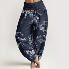 Buddha Stones Pure Cotton White Sakura Flower Pattern Women's Elastic Waist Harem Pants - MidnightBlue - US22，UK/AU26，EU54 (6XL) - image 0