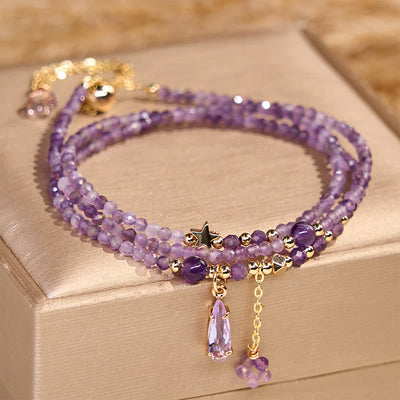 Foviel Natural Amethyst Water Drop Star Meditation Triple Wrap Bracelet