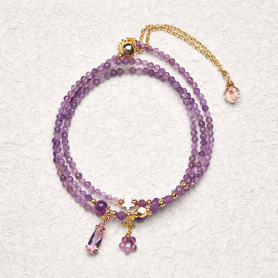 Foviel Natural Amethyst Water Drop Star Meditation Triple Wrap Bracelet