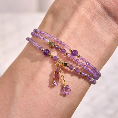 Foviel Natural Amethyst Water Drop Star Meditation Triple Wrap Bracelet