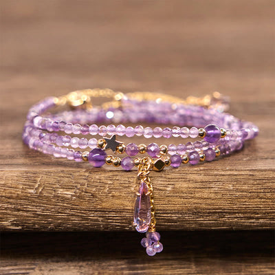 Foviel Natural Amethyst Water Drop Star Meditation Triple Wrap Bracelet