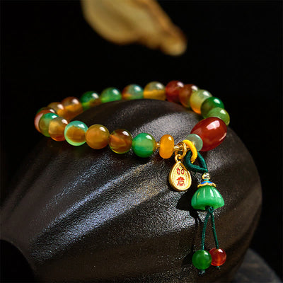 Foviel Natural Colorful Peacock Agate Chalcedony Ruyi As One Wishes Charm Courage Bracelet
