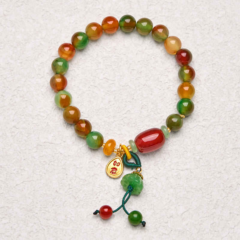 Foviel Natural Colorful Peacock Agate Chalcedony Ruyi As One Wishes Charm Courage Bracelet