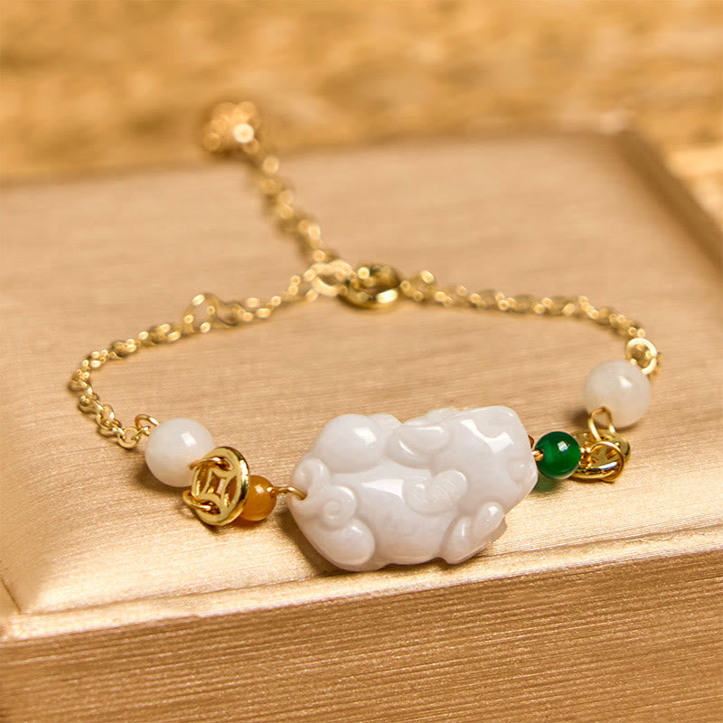 Foviel Natural Jade PiXiu Carved Copper Coin Luck Chain Bracelet