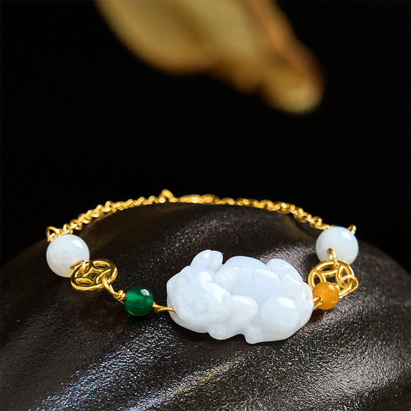 Foviel Natural Jade PiXiu Carved Copper Coin Luck Chain Bracelet