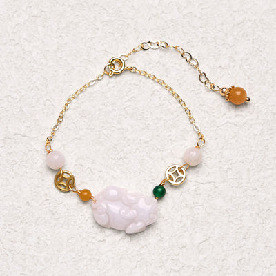 Bracelet Foviel en jade naturel sculpté PiXiu avec chaîne à pièces en cuivre porte-bonheur