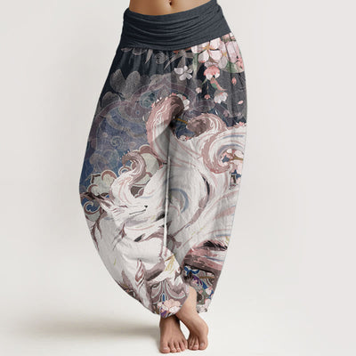 Buddha Stones Pure Cotton Fox Cherry Blossoms Women's Elastic Waist Harem Pants - MidnightBlue - US22，UK/AU26，EU54 (6XL) - image 0