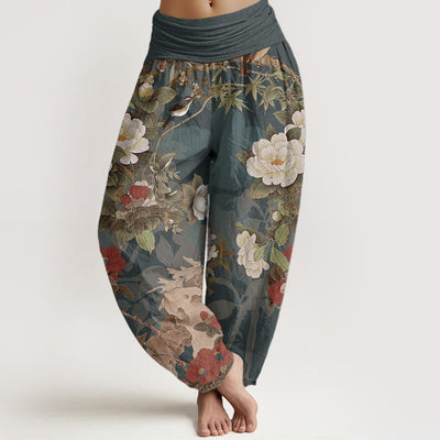 Foviel Pure Cotton Casual Peony Flowers Leaves Magpie Women's Elastic Waist Harem Pants