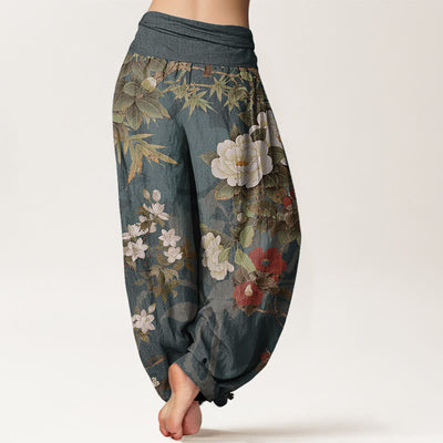Foviel Pure Cotton Casual Peony Flowers Leaves Magpie Women's Elastic Waist Harem Pants
