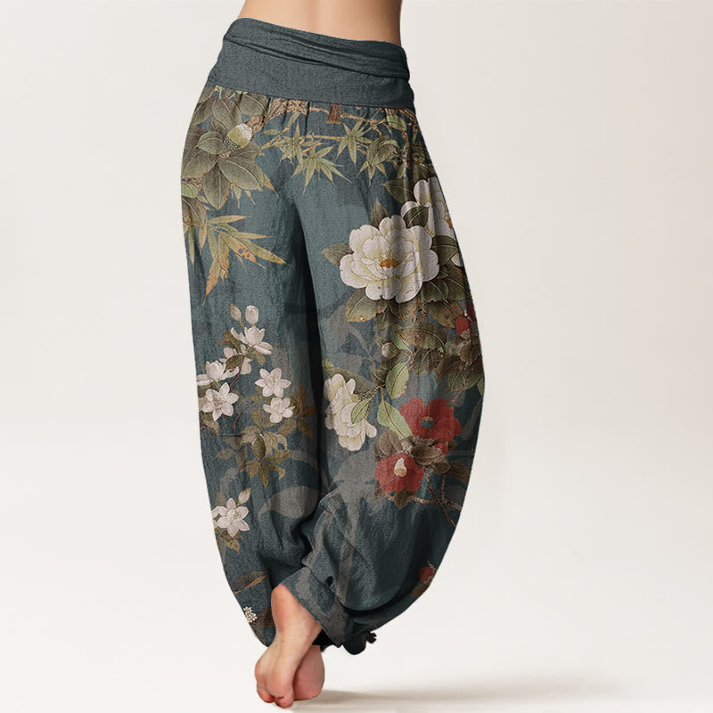 Foviel reine Baumwolle Casual Pfingstrose Blätter Magpie Damen elastische Taille Harem Hose