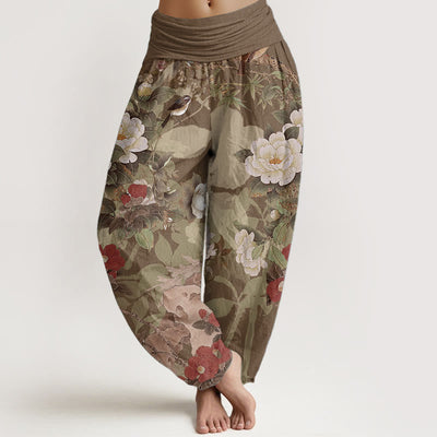 Foviel Pure Cotton Casual Peony Flowers Leaves Magpie Women's Elastic Waist Harem Pants