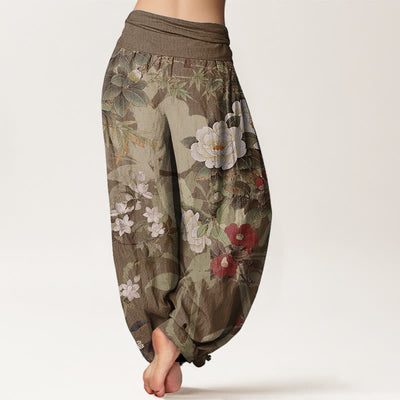 Foviel Pure Cotton Casual Peony Flowers Leaves Magpie Women's Elastic Waist Harem Pants
