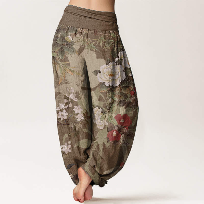 Foviel Pure Cotton Casual Peony Flowers Leaves Magpie Women's Elastic Waist Harem Pants