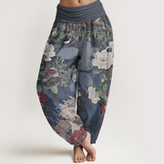 Foviel Pure Cotton Casual Peony Flowers Leaves Magpie Women's Elastic Waist Harem Pants