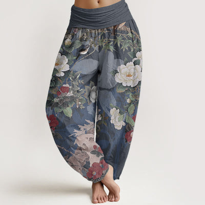Foviel Pure Cotton Casual Peony Flowers Leaves Magpie Women's Elastic Waist Harem Pants