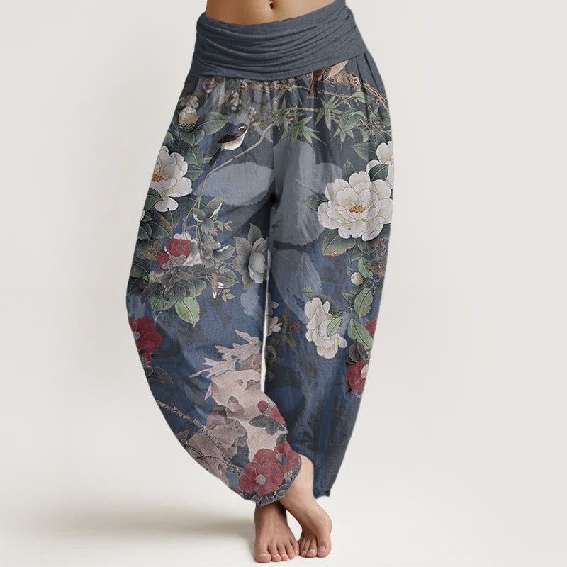 Foviel Pure Cotton Casual Peony Flowers Leaves Magpie Women's Elastic Waist Harem Pants