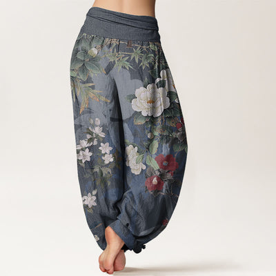 Foviel Pure Cotton Casual Peony Flowers Leaves Magpie Women's Elastic Waist Harem Pants