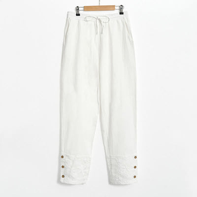 Buddha Stones White Lace Patchwork Design Women's Cotton Linen Pants With Pockets - image 5