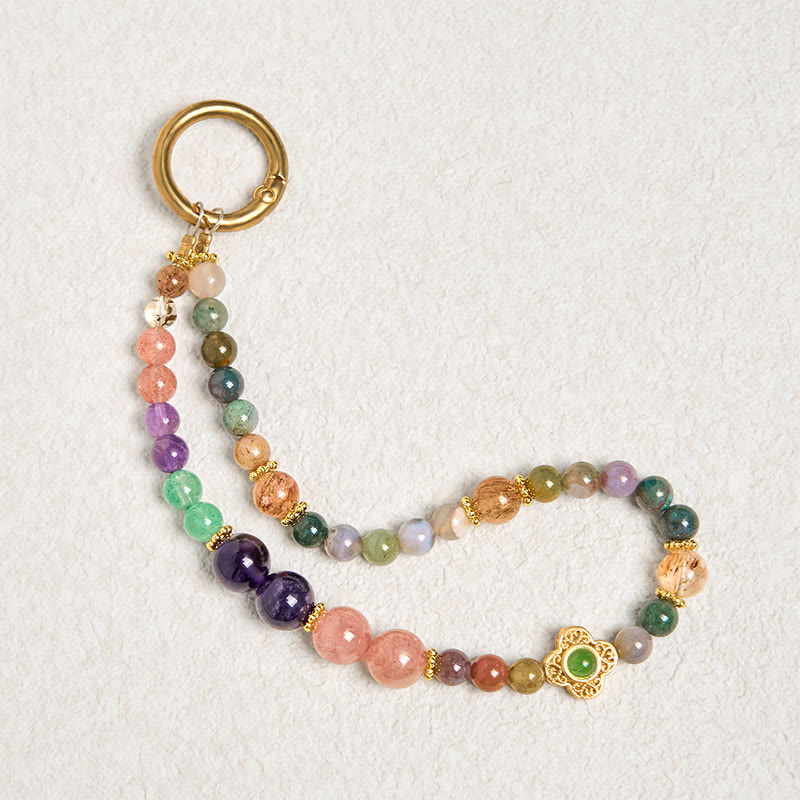 Foviel Natural Tourmaline Strawberry Quartz Amethyst Positive Key Chain Phone Hanging Decoration